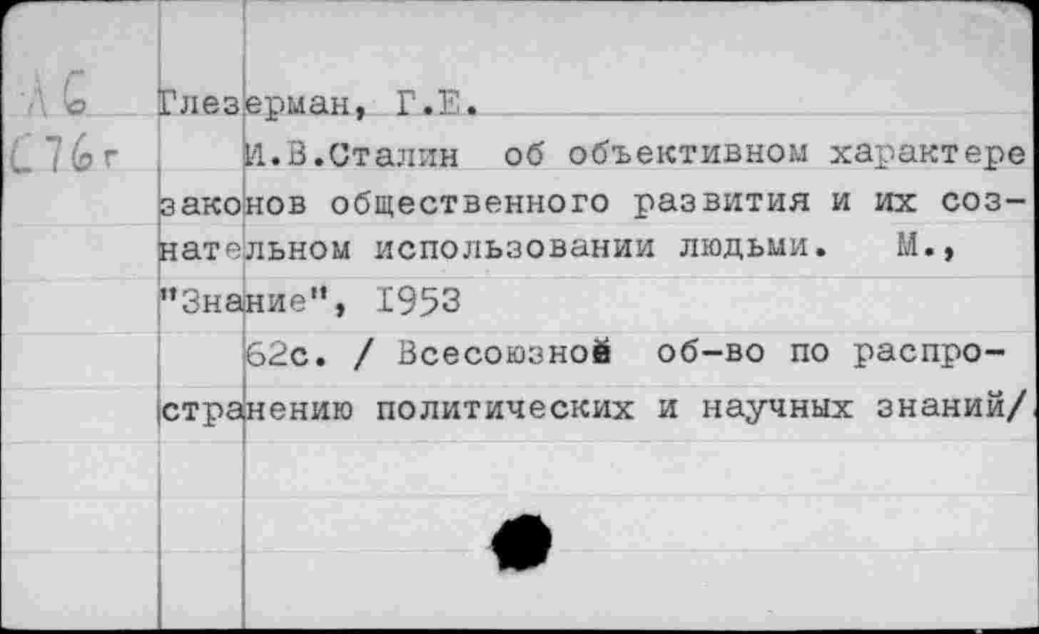 ﻿А о_
С 76г
Глез.ерман, Г.Е.
И.В.Сталин об объективном характере законов общественного развития и их сознательном использовании людьми. М., ’’Знание”, 1953
62с. / Всесоюзной об-во по распространению политических и научных знаний/